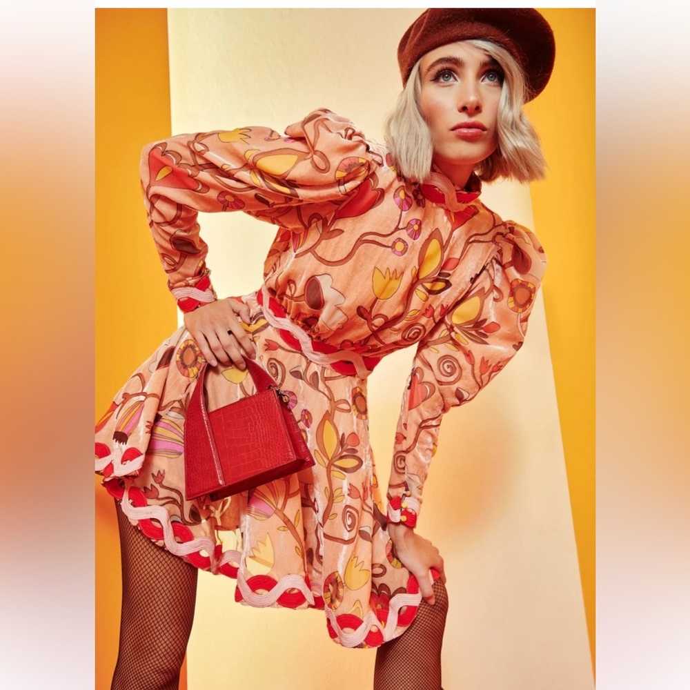 CeliaB Flamingo Dress NWT Peach Velvet with Red and Pink Accents